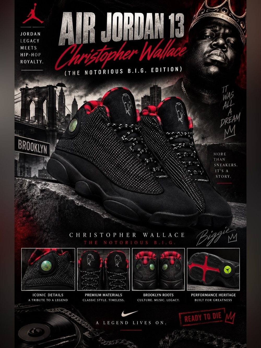 Rare! Air Jordan 13 Christopher Wallace (known as Notorious B.I.G. Edition)🔥New!
